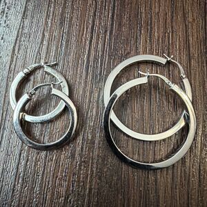 Lot of 2 Sterling Silver Hoop Earrings 1.5 inch & 1” Hoops, 8.2g Signed 925 JCM